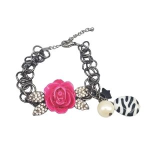 Large Flower Charm Bracelet Hot Pink Rose Rhinestone Gunmetal Adjustable Chain